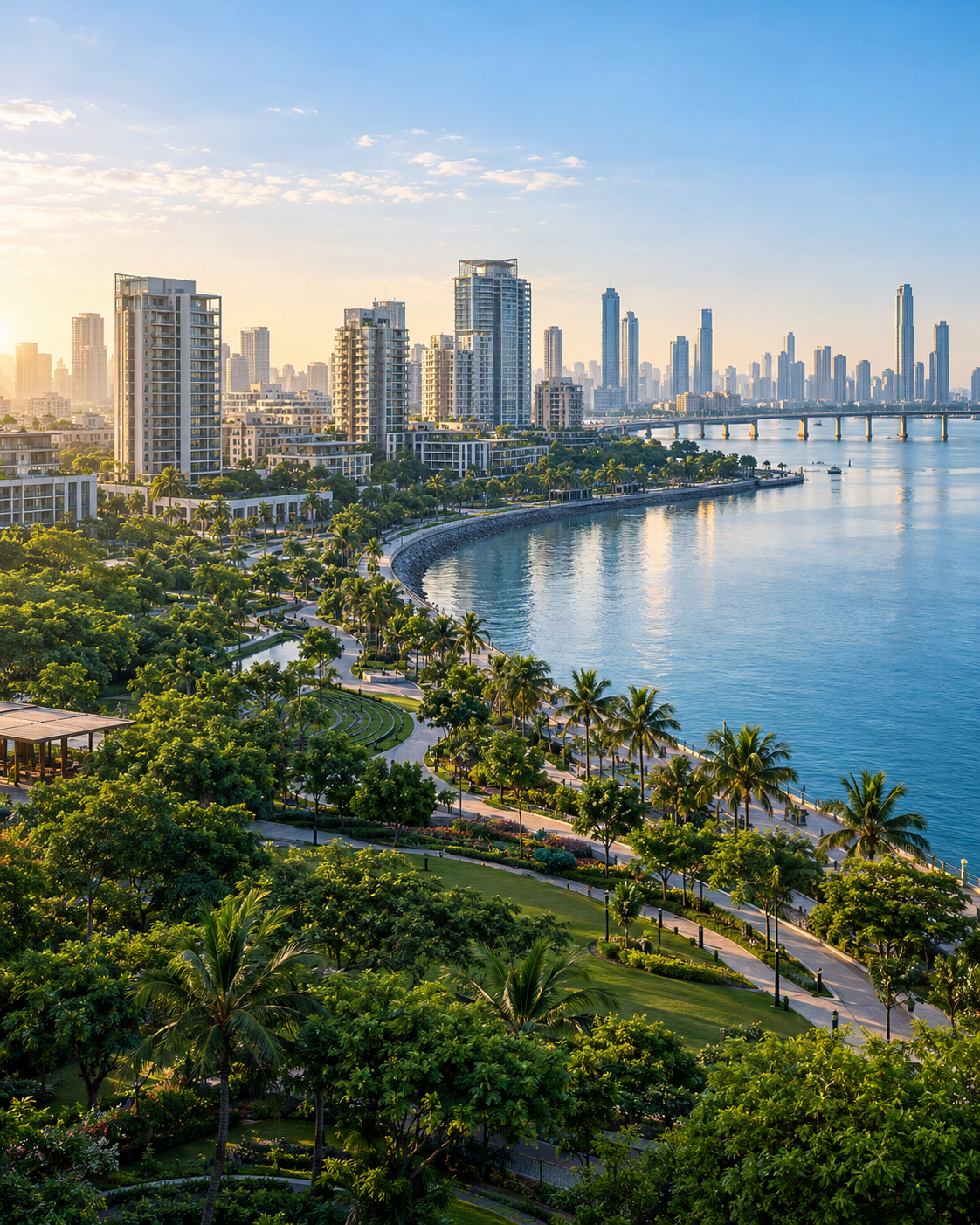 Illustration of a fresh waterfront city with green parks and a modern skyline